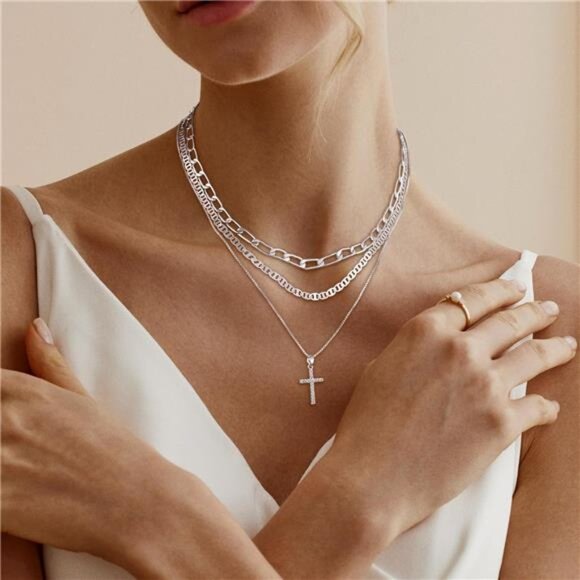 Layered Silver Chain Necklace | Zircon Cross Pendant - Picture 6 of 6